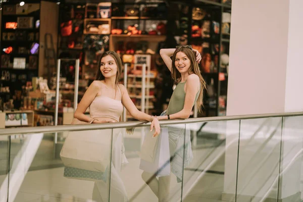 Close Duas Meninas Bonitas Apoiando Cerca Shopping — Fotografia de Stock