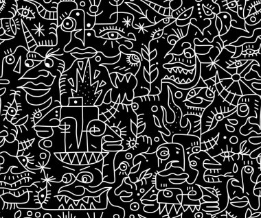 Siyah arkaplanda siyah beyaz çizgi film deseni, soyut tasarım, kusursuz arkaplan.