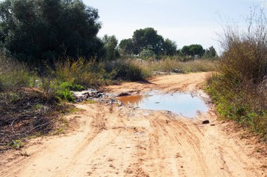 Yağmurdan sonra kocaman bir su birikintisi olan ıssız bir toprak yol. Tamamen off-road..