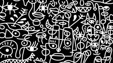 Siyah arkaplanda siyah beyaz çizgi film deseni, soyut tasarım