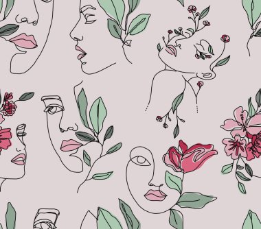 Pembe arka planda siyah çizgiler olan kadınların yüzlerinin soyut çizimleri. Parlak renklerle boyanmış saçlar yerine. Kusursuz desenler..