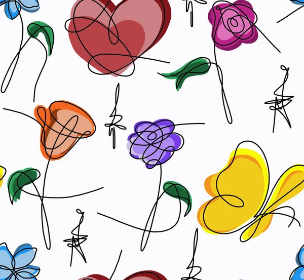 Абстрактний Малюнок Квітки Чорними Лініями Білому Тлі Пофарбованому Яскраві Кольори — стокове фото