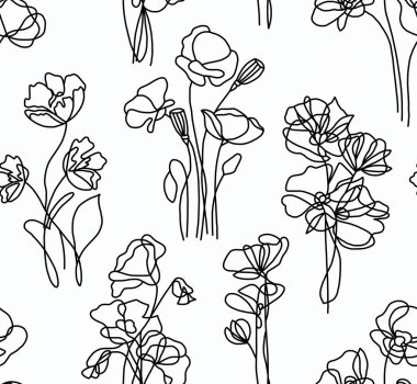 Beyaz arka planda siyah çizgilerle çizilmiş gelincik çiçekleri. Kusursuz desen.