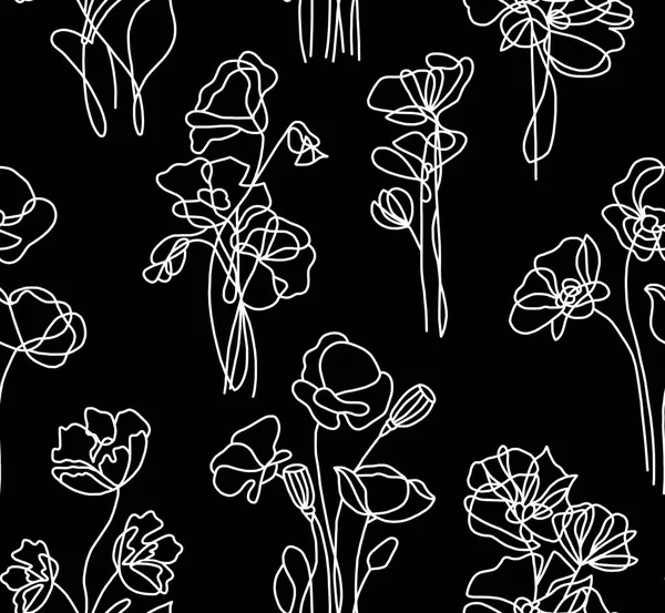 Fundo Flores Papoula Desenhadas Com Linhas Brancas Fundo Preto Padrão — Fotografia de Stock
