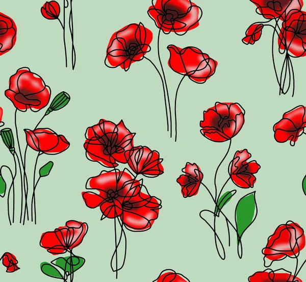 Yeşil arkaplan üzerine siyah çizgiler çizilmiş gelincik çiçeklerinin arka planı. Kusursuz desen..