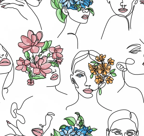 stock image Abstract drawing of women's faces with black lines with flowers instead of hair on a white background painted in bright colors.Seamless pattern.