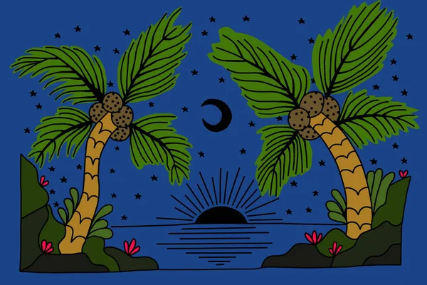 Кольоровий Малюнок Острова Пальмами Кокосами Вночі Місяць Зірки Небі — стокове фото