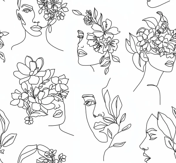 Abstract Drawing Women Faces Flowers Instead Hair Black Lines White — Stock fotografie