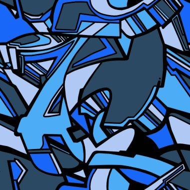 Mavi renklerle boyanmış siyah çizgilerin soyut çizimi. Kusursuz arkaplan.