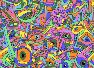 Çok renkli renklerle boyanmış siyah çizgilerin soyut çizimi. Kusursuz arkaplan.