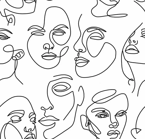 白地に黒い線で女性の顔を抽象的に描く シームレスなパターン — ストック写真