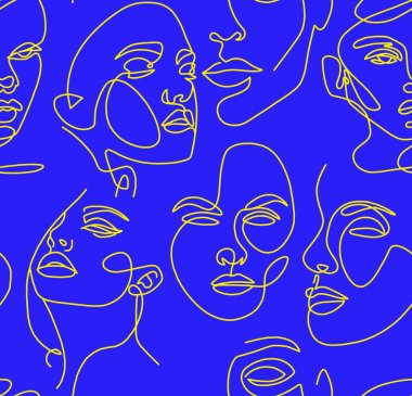 Mavi arka planda beyaz çizgileri olan kadın yüzlerinin soyut çizimi. Kusursuz desen..