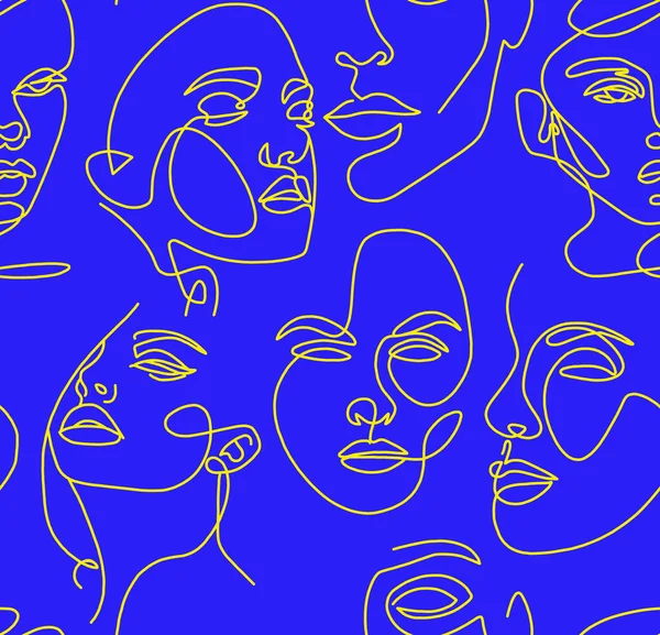 Abstrakcyjny Rysunek Kobiecych Twarzy Białymi Liniami Niebieskim Tle Płynny Wzór — Zdjęcie stockowe