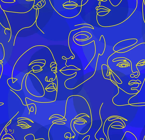 青い背景に白い線の女性の顔の抽象画 シームレスなパターン — ストック写真