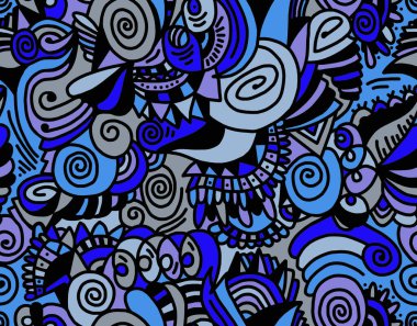 Mavi renklerle boyanmış siyah çizgilerin soyut çizimi. Kusursuz arkaplan.