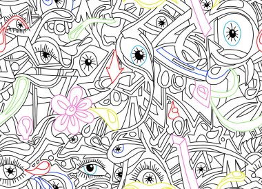 Çok renkli renklerle boyanmış siyah çizgilerin soyut çizimi. Kusursuz arkaplan.