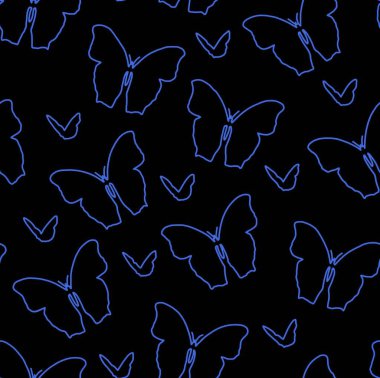 Siyah arka planda mavi çizgilerle boyanmış kelebekler. Kusursuz bir arka plan..