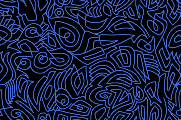 Dibujo Abstracto Con Líneas Azules Sobre Fondo Negro Patrón Sin — Foto de Stock