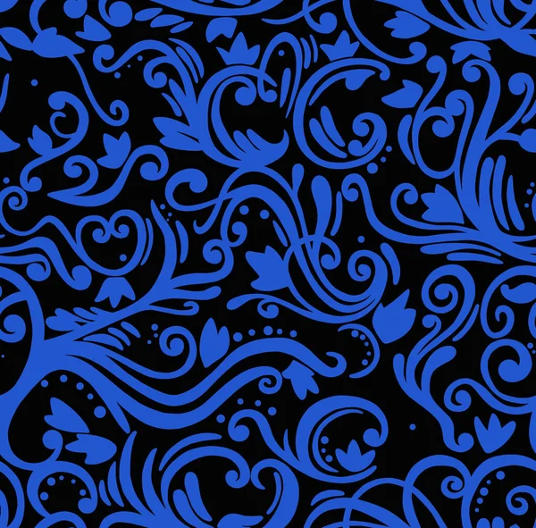 Floral blue pattern on black background, abstract design, seamless background