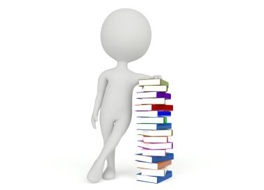 3D insansı karakteri ile bir yığın kitap