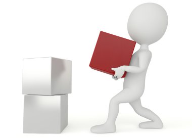 3D insansı karakter kırmızı bir kutu tutun