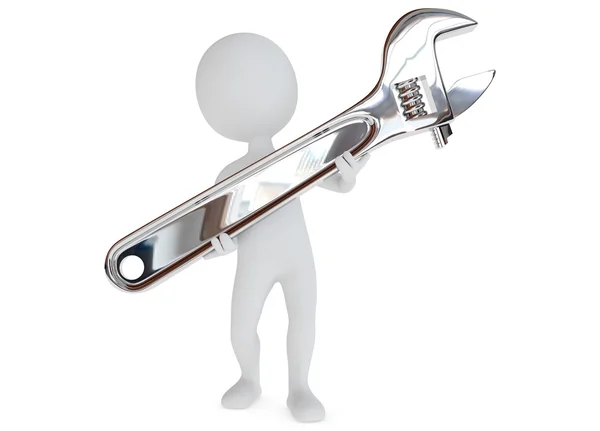 Personaje humanoide 3d sostiene una herramienta de llave inglesa —  Fotos de Stock