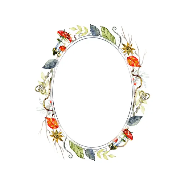 Hand drawn watercolor wreath with mystical elements. Witchcraft symbols. Magic floral frame isolated on white background. — Stock Photo, Image