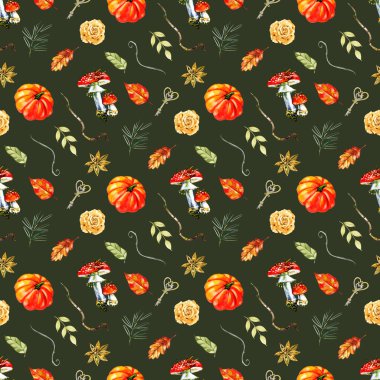 Sonbahar, balkabağı ve güllerle kusursuz desen. Tekstil veya ambalaj kağıdı için el yapımı şirin suluboya dokusu.