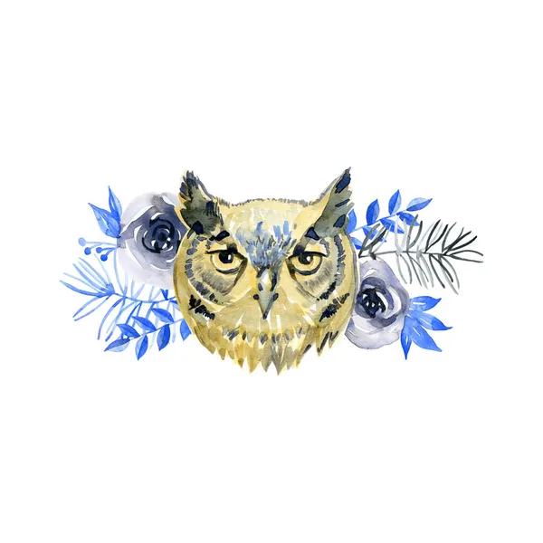 Hibou aquarelle avec des fleurs. Illustration dessinée à la main avec oiseau dans le style boho. Affiche imprimable en pépinière — Photo