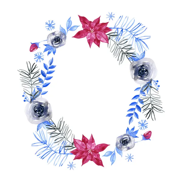 Ghirlanda invernale con elementi blu. cornice cerchio acquerello per il design della moda isolato su sfondo bianco — Foto Stock