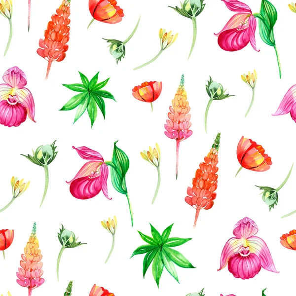 Květinový vzor. Jarní květiny, zelené listy Lupine, jarní zahradní květiny digitální papír — Stock fotografie