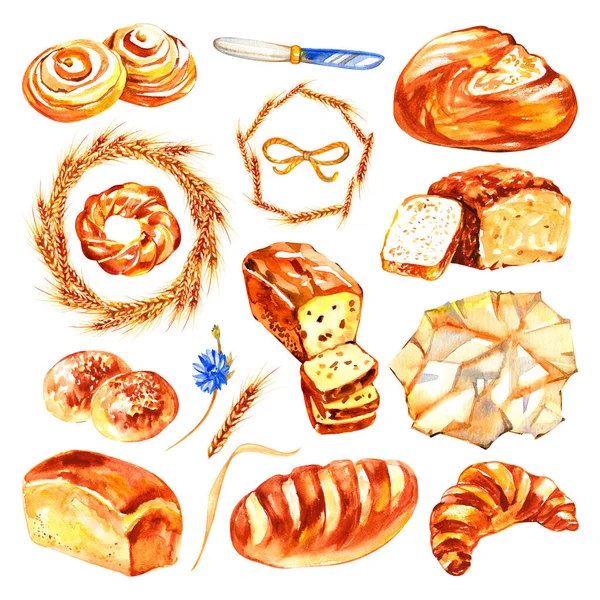 Állítsa be a sütés akvarell stílusban. Muffinok, bagelek, croissant-ok, sütemények, bagelek és egyéb sütemények. Vintage akvarell koncepció pékség vagy kávézó. — Stock Fotó