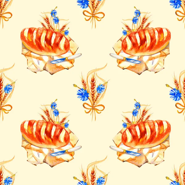 Akvarell handmålade sömlösa mönster, konsistens, bakgrund- med färska och ljusa bakverk - croissant, bulle, paj. Perfekt för inbjudningskort, matblogg, digital scrapbooking, omslagspapper — Stockfoto