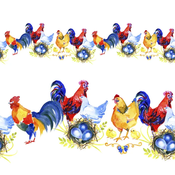 Счастливая пасхальная граница бесшовные фоновые цыплята с пасхальными яйцами и нарциссами Иллюстрация для использования в дизайне интерьера, художественные работы, посуда, одежда, упаковка, поздравительные открытки — стоковое фото