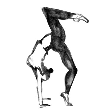 Balerin dans. Mürekkep dansçı. Suluboya beyaz arka plan üzerinde siyah.