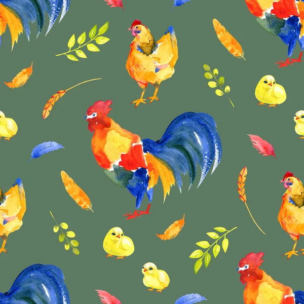Glad kyckling sömlöst mönster. Lantbruksdjur, tupp, höna, Bio ägg, Coop, kycklingar, Nest, Eco Village. Enskilda element. Stock illustration Handmålad i akvarell — Stockfoto