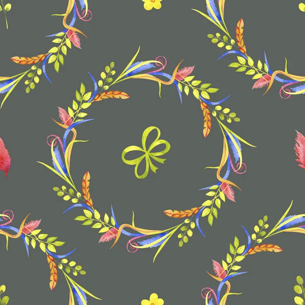Mignon motif sans couture de Pâques dessiné à la main rustique avec une couronne de fleurs de printemps — Photo