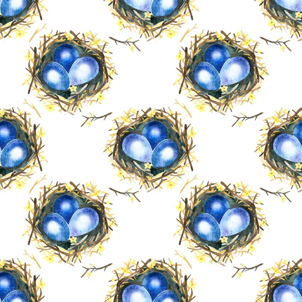 Aquarelle motif sans couture avec nid, fleurs et brindilles d'arbre. fond de printemps dessiné à la main. Papier peint vintage avec oeufs — Photo