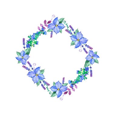 Hassas çiçek çelengi, soyut çiçekli suluboya çerçeve, bitkiler ve yapraklar, davetiye için beyaz arkaplan üzerinde izole illüstrasyon veya klasik kırsal tarzda tebrik kartı