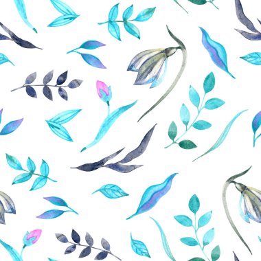 Suluboya çiçek botanik desenli ve sorunsuz arka plan. Kumaş üzerine baskı ve kağıt veya hurda rezervasyon için idealdir. El boyalı. Raster illüstrasyon