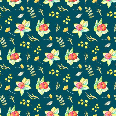 Suluboya çiçek botanik desenli ve sorunsuz arka plan. Kumaş üzerine baskı ve kağıt veya hurda rezervasyon için idealdir. El boyalı. Raster illüstrasyon