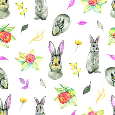 Şirin tavşanlar, papatya çiçekleri, yapraklar, izole bir arka planda çizgi film tarzında. Dijital kağıt ve kumaş baskısı için suluboya kusursuz desen