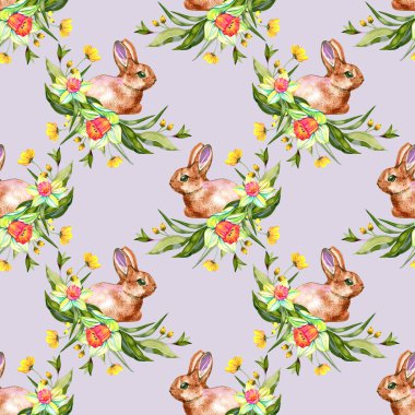 Şirin tavşanlar, papatya çiçekleri, yapraklar, izole bir arka planda çizgi film tarzında. Dijital kağıt ve kumaş baskısı için suluboya kusursuz desen