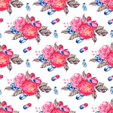 Pastel renkli kristaller ile şirin suluboya seamless modeli, gül yaprakları ve çiçekler.