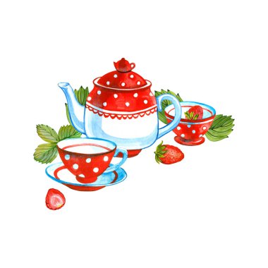 Çay partisi için suluboya elementler, sıcak çay, tabak, böğürtlen ve otlu çaydanlık, mutfak gereçleri ve çay saatinin yazılışı. Tüm resimler çay tasarımı için elle çizilmiştir.
