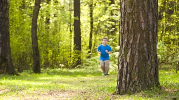 Kleine jongen sporten joggen in het park — Stockvideo