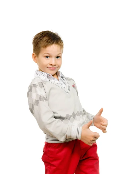 Портрет Красивого Впевненого Хлопчика Показує Великі Пальці Вгору Ізольовано Один — стокове фото