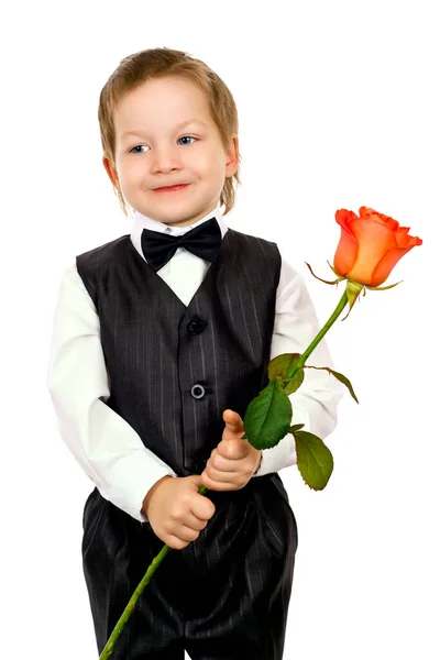Портрет Смішного Хлопчика Трояндою Руці Ізольованого Білому Тлі — стокове фото