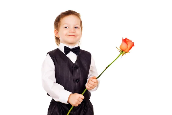 Портрет Смішного Хлопчика Трояндою Руці Ізольованого Білому Тлі — стокове фото