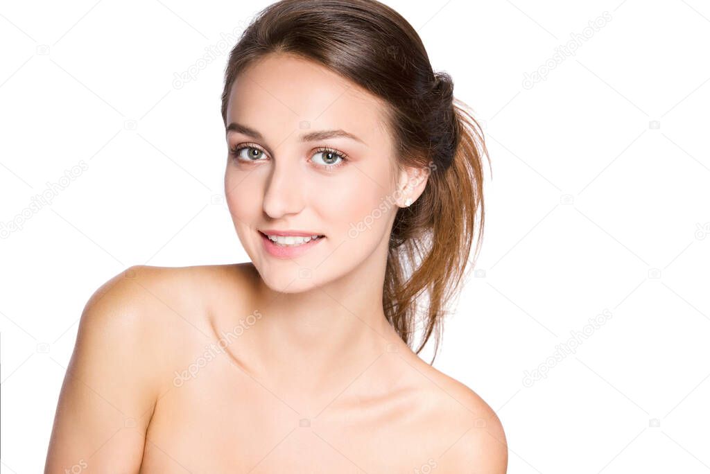 Beauty smiling girl portrait . Beautiful woman face. Looking at camera. Isolated on a white background. Pretty Girl Touching her Face